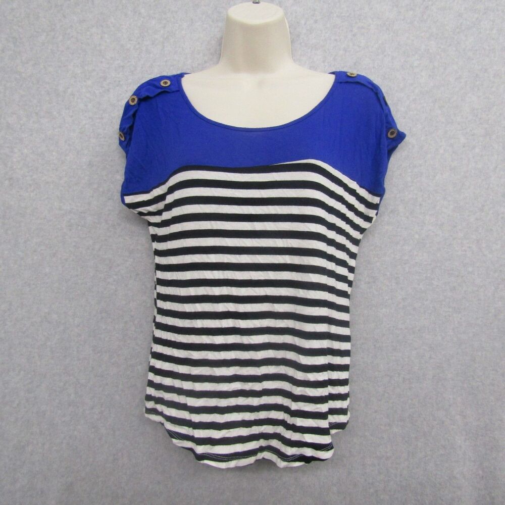 Love J Womens Top Shirt Blue Size S Short Sleeve Round Neck Stripe Casual